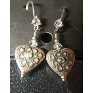 Retro Art Deco Style Heart Drop Earrings, Silver Tone Costume Jewelry